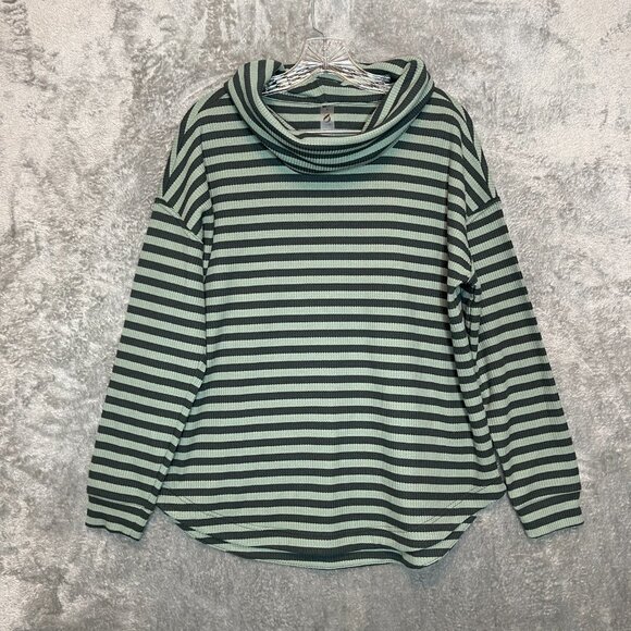 Lou Grey Women Green Striped Cowl Neck Slouchy Stretch Relaxed Waffle Knit Top S - Picture 1 of 9